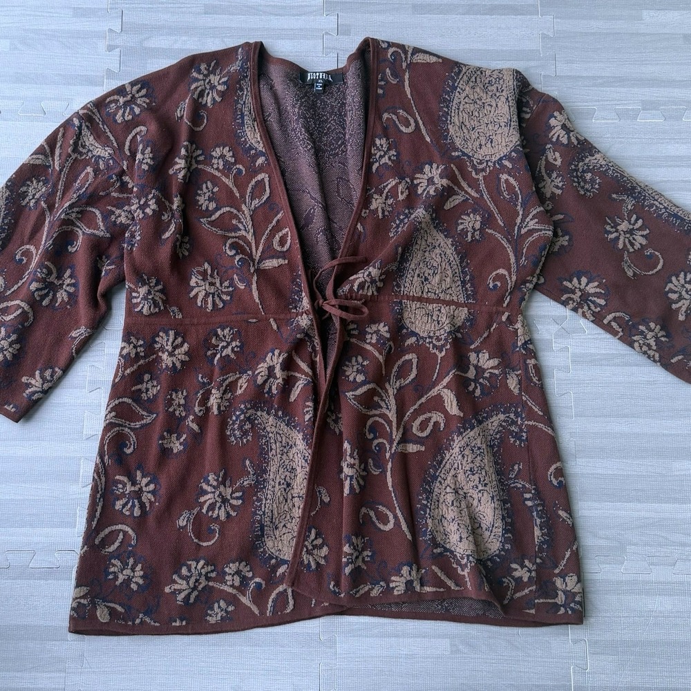 Disturbia Gillian Cotton Paisley Knit Kimono Brown Cardigan Bell Sleeve